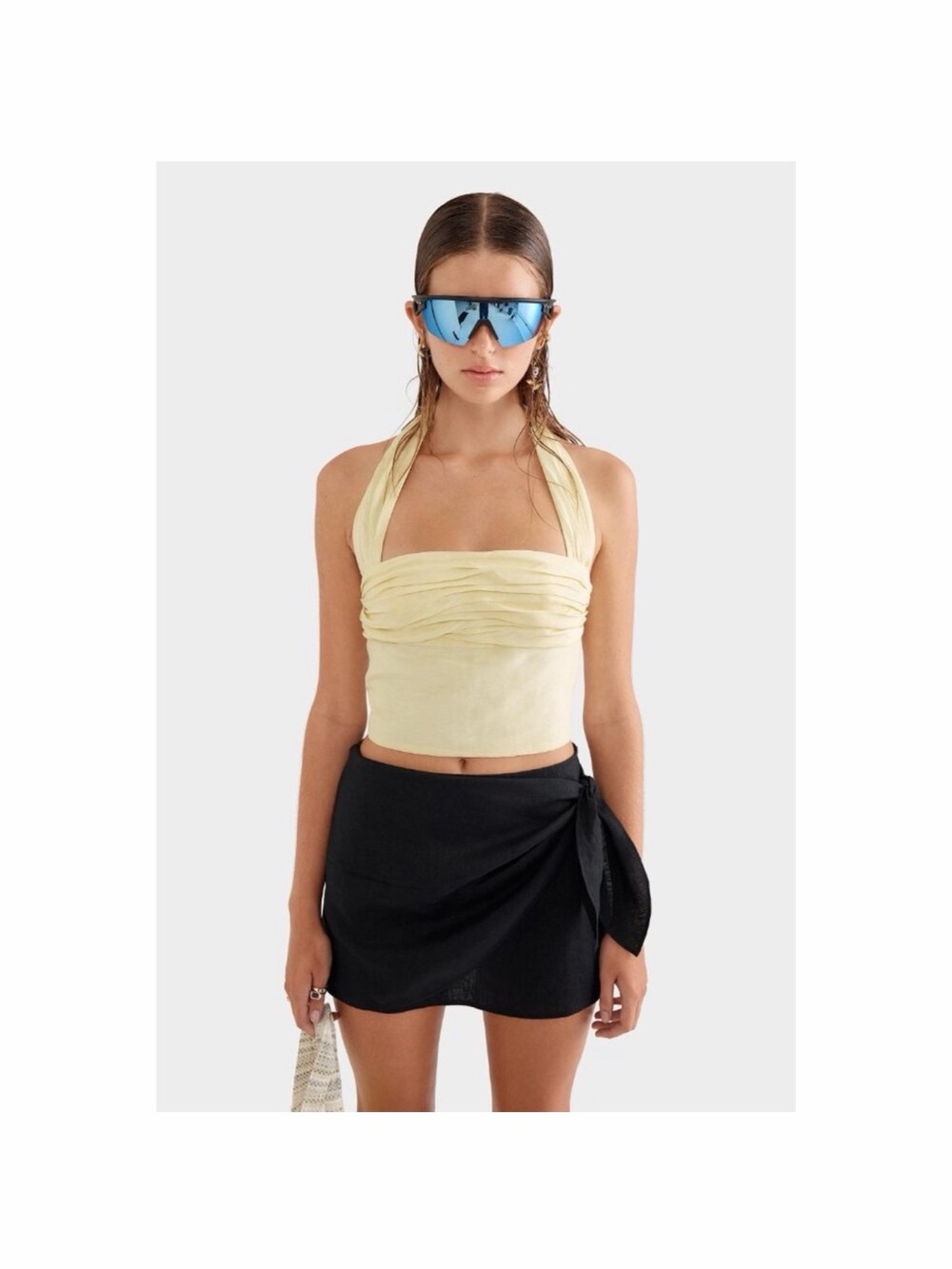 Venroy Ruched Silk Linen Cropped Halter Top in Pastel Yellow